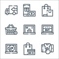 Online shopping line icons. linear set. quality vector line set such as t shirt, shopping bag, laptop, laptop, laptop, shopping Royalty Free Stock Photo