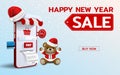 Online shopping in Merry Christmas, Happy new year theme with cute Bear wearing Santa hat 3d perspective vector design. Trading Royalty Free Stock Photo