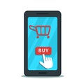 Online shopping with mobile app, business concept. Hand cursor pointer click buy button on flat smartphone screen shopping cart Royalty Free Stock Photo