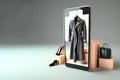 Online shopping mobile app concept. Smartphone showing on screen elegant clothes. Copy space for advertisement.