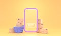 Online shopping in mobile app. Smartphone screen with buy button, purple plastic basket with stacks cardboard boxes Royalty Free Stock Photo