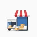 Online Shopping on Mobile Application Vector Concept. with cardboard box, delivery van and metallic wheeled trolley. Digital