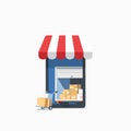Online Shopping on Mobile Application Vector Concept. with cardboard box, metallic wheeled trolley and delivery van inside mobile