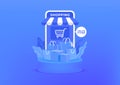 Online shopping on mobile. Shopping bag and boxes on blue background. Online shop on mobile application.