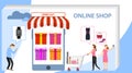 Online shopping and mobile commerce concept. Shopping online gradient background with shopping bag and cart . Shopping Online on Royalty Free Stock Photo