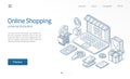 Online Shopping modern isometric line illustration. Delivery, cart, laptop store business sketch drawn icons. Ecommerce