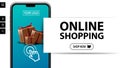 Online shopping, modern white minimalistic banner for website with large title, button and large volume smartphone with presents