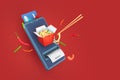 Online shopping noodles chinese wok delivery payment via mobile phone. Royalty Free Stock Photo