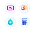 Online shopping, Oil serum and Monitor repair icons set. Calculator sign. Vector