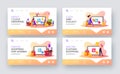 Online Shopping One Click Purchase Landing Page Template Set. Tiny Customer with Credit Card Buy Goods at Huge Gadget