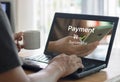 Online shopping and online payment concept. Man hands using laptop computer for online shopping at home, Hand holding coffee cup a Royalty Free Stock Photo