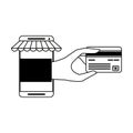 Online shopping and payment technology symbols in black and white