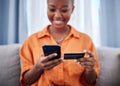 Online shopping, phone or happy black woman with credit card on payment on internet website or fintech. Smile, finance Royalty Free Stock Photo