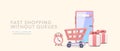 Online shopping poster with 3d realistic alarm clock, product cart, gifts, phone. Vector illustration Royalty Free Stock Photo