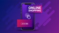 Online shopping, purple banner with smartphone with volumetric title and button. Web banner for your website