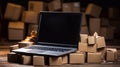 Online shopping. Small business. Many cardboard boxes for shipments and a laptop. Generative AI