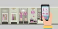 Online shopping with smart phone on e commerce web site or app, Clothing interior shop with products on shelves, Vector