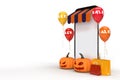 Online shopping with smartphone mockups and Halloween concept elements. Designs concept marketing online. 3D rendering