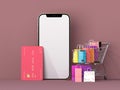 Online shopping with smartphone mockups template and shopping elements. Designs concept marketing online