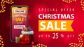 Online Shopping, Special offer, Christmas sale, up to 25% off, red discount web banner with blurred background, smartphone with