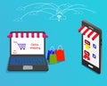 Online shopping store with laptop connect to smart phone by internet