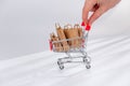 Online shopping supermarket trolley shopping bags sale store. background basket