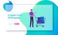 Online Shopping Technologies Website Landing Page. Young Man Buyer with Trolley Use Smartphone with Shop Application