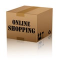 Online shopping text over cardboard box isolated