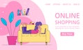 Online shopping vector illustration, woman lying on couch shopping in online store.