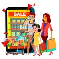 Online Shopping Vector. Mother, Father, Child With Shopping Chart In Mobile Family Online Shop. Illustration