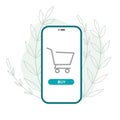 Online shopping via phone. Basket icon on screen. But button for order. Vector illustration Royalty Free Stock Photo