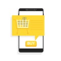 Online shopping via phone, button to buy, vector illustration Royalty Free Stock Photo