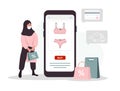 Online shopping on website or mobile app. Islamic woman buys modern underwear at online lingerie store. The product