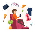 Online shopping. Woman with smartphone buy different things. Stay home, isolation period digital smart delivery service