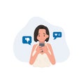 online social addict concept. woman holding smartphone and getting sad due to no one give like to her picture. Flat vector