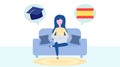 Online Spanish Learning, distance education concept. Language training and courses. Woman student studies foreign languages on a