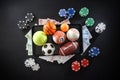 Online sports betting concept with balls and money on devices Royalty Free Stock Photo