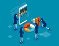Online statistics and data analytics. Isometric application of smartphone with business graph and analytics data