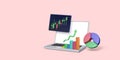 Online stock exchange trading concept. 3D Laptop with pie chart and bar diagram. Analysis and business strategy on stock market