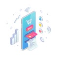 Online store concept. Online shopping Isometric creative design template with smartphone integrated ATM, cart, button, credit card