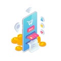 Online store concept. Online shopping Isometric creative design template with smartphone integrated ATM, cart, button, credit card