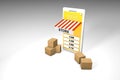 Online store in a mobile phone with a sign and boxes. Buying goods using a mobile application. 3d render