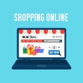 Online store. Shopping online. E-commerce shopping concept. Colored flat web market isolated on blue. Design for website