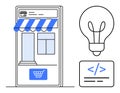 Online Storefront and Ideas Concept with Shopping Cart, Coding Symbol, and Light Bulb for Innovation Royalty Free Stock Photo