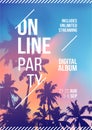 Online stream party. Palm tree on sunset tropical background. Template A4. Creative palm tree background party poster Royalty Free Stock Photo