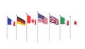 Online summit. G7 flags Silk waving flags of countries of Group of Seven : Canada, Germany, Italy, France, Japan, USA states,