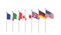 Online summit. G7 flags Silk waving flags of countries of Group of Seven : Canada, Germany, Italy, France, Japan, USA states,