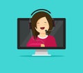 Online support assistant vector illustration, flat cartoon woman consultant in headset talking from pc computer, idea Royalty Free Stock Photo