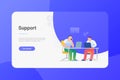 Online Support Flat vector illustration. Men sitting at Table working chatting with Laptop Notebook