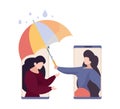 Online support. Friend hold umbrella under sad tired woman. Depression, web psychotherapy consulting vector concept Royalty Free Stock Photo